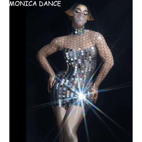 Silver Mirror Transparent Dress Rhinestones Short Dress Birthday Prom Bar Singer Dancer Stage Concert Crystals Sequins Dress