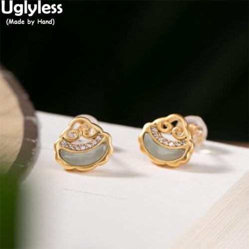 Uglyless Irregular Shaped Hollow MINI Studs Earrings for Women Crescent Moon Emerald Earring Gold Brincos 925 Silver Retro Jewel