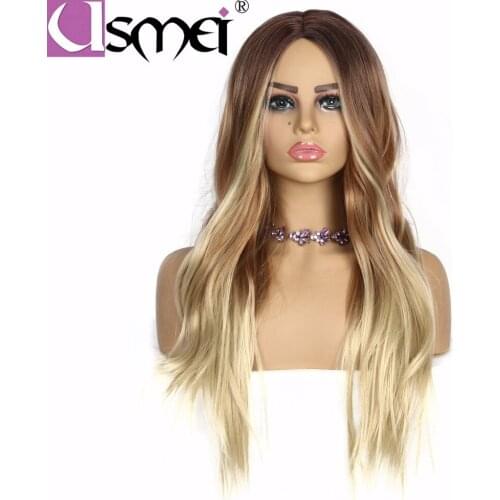 USMEI Hair 130 Density long natural wave synthetic wigs for white women ombre light brown blonde cosplay wigs Two Tones 30 Inch