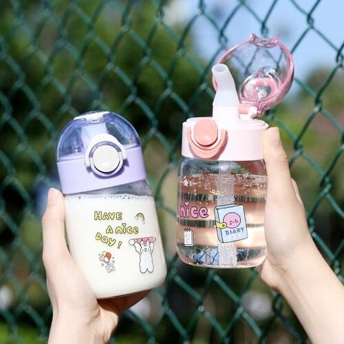 Wbwbmy Creative Cute Cartoon Glass Water Cup Student with Handle Children Water Bottle Transparent Portable Straw Cup Drinkware
