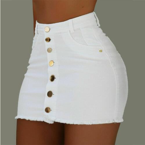 2020 Women Summer Stretch High Waist Denim Skirt Female Summer Button Up Denim Skirts Short Mini Jeans Solid Denim Pencil Skirts