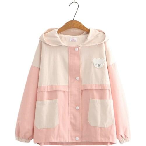 Cartoon Bear Appliques Sweet Style Jacket For Women 2020 Autumn Winter Zipper Long Sleeve Basic Jackets Outerwear Coat