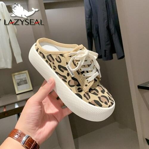 Lazyseal Platform Slip On Lace Up Women Shoes Canvas Boat Shoes New Slides Flat With Women Shoes Classic Leopard Canvas Slipper