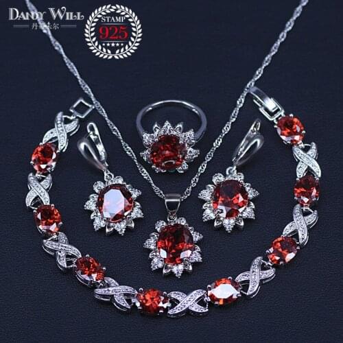 Four Piece Silver Color Women Wedding Jewelry Sets Red Garnet Flower Ring Size 6/7/8/9/10 Bracelet Length 18CM-20CM