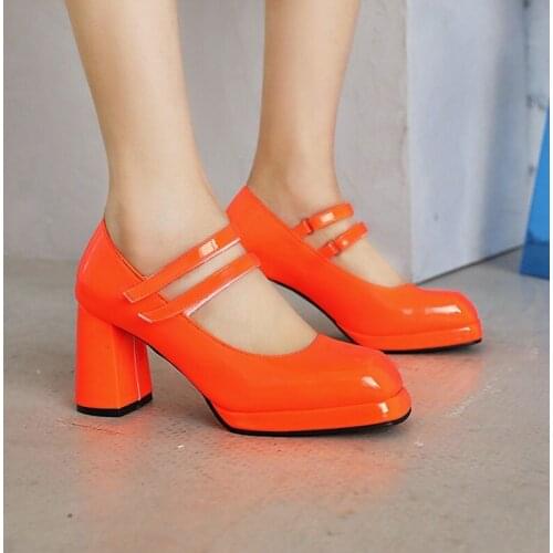 Ochanmeb Small Size 33-48 Chunky Heels Shoes for Womens Autumn Hot Pink Nude Yellow Black Gothic Goth Pumps Platform Mary Janes