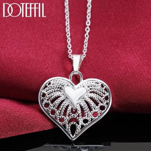 DOTEFFIL 925 Sterling Silver 18 Inch Hollow Heart Pendant Necklace For Women Fashion Wedding Party Charm Jewelry