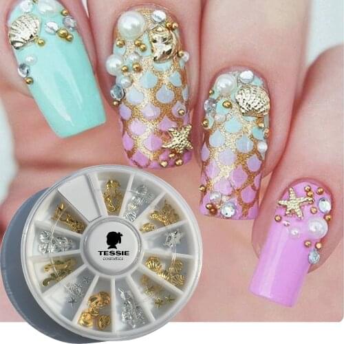 36Pcs Metal Mermaid Sea Horse Shell Nail Studs Gold Silver Starfish 3D Nail Art Decoration Box UV Acrylic Nail Accessories