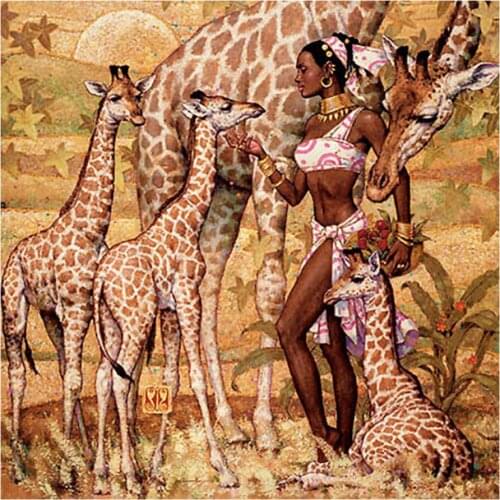 African Grassland Women and Giraffe Diamond Painting Portrait Animal Round Full Drill DIY Mosaic Embroidery 5D Cross Stitch Gift