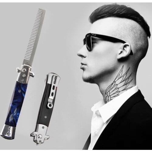 VButterfly Knife Automatic Stainless Steel Comb Folding Knife Bristle Trimming Comb Brush Accessories Mens Knife Comb