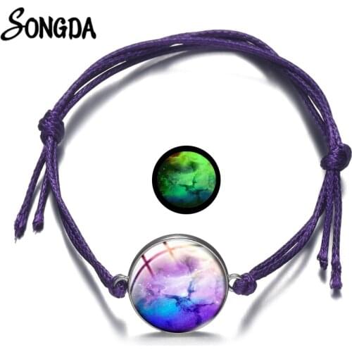 Galaxy Nebula Planet Luminous Picture Glass Gem Charm Bracelet Adjustable Braided Rope Bracelet for Women Men Astronomy Jewelry