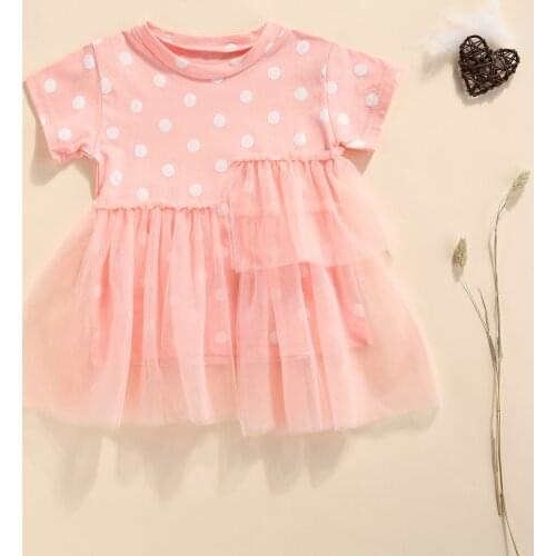 Kids Princess Dress, Girls Polka Dots Print O-Neck Short Sleeve 1-Piece for Summer, Pink/Green