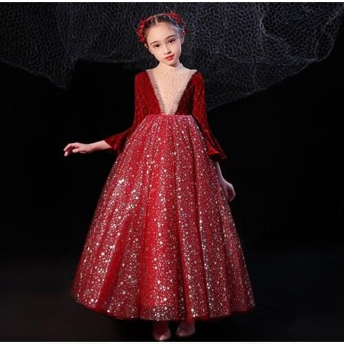 Flower Girl Dresses Illusion Burgundy Vintage Princess Sequined Ball Gown Pearls Beading O-Neck Lace Tulle Kids Party Dress H018