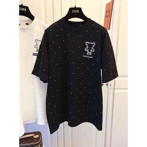 2021 High quality Women Spring T-shirts Solid Loose Rhinestones T-shirt thick haif short sleeves