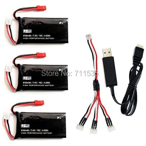 Hubsan 7.4V 610mAh 15C 4.5WH + USb Charger + Cable 1 IN 3 Wire Lipo Battery Spare Parts For Hubsan X4 H502S H502E RC Quadcopter