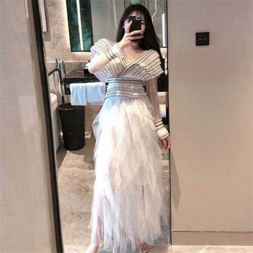 Two Piece Retro Dress Outfits Dress Suits Long Sleeve V Neck Layered Ruffled Slim Shirt&Irregular Mesh Skirt Sets 2pc Skirt Suit