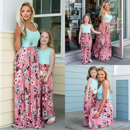 Summer Mother & Kids Long Dresses Beach Party Bohemia Maxi Dress with Pocket Sundress Outfits Cotton Beachwear for Parent-Child