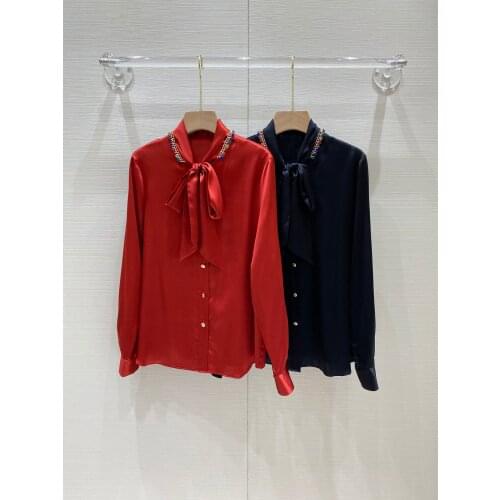 Fashion 2021 New Ladies Long Sleeve Sexy Casual Solid Color Silk Nail Diamond Ribbon Shirt 1102
