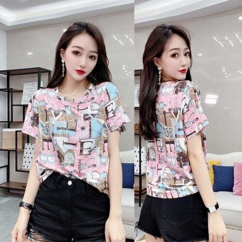 2021 summer new short sleeve T-shirt womens fashion Joker round neck jacket Korean womens slim printed base shirt