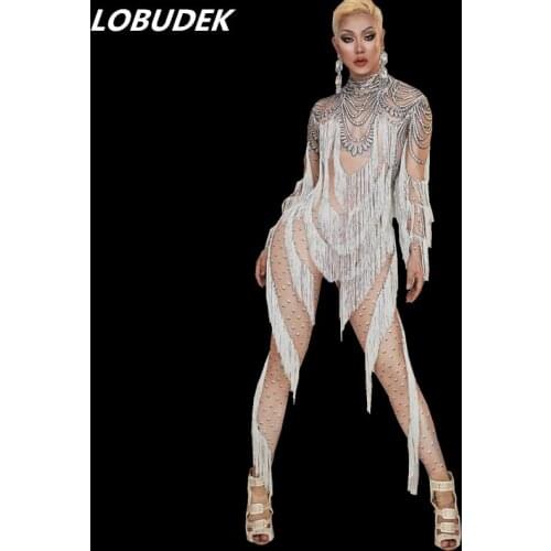 New White Fringe Jumpsuit Women Long Sleeve Stretch Skinny Tassel Jumpsuits Prom Party Leggings Nightclub Singer Stage Costume