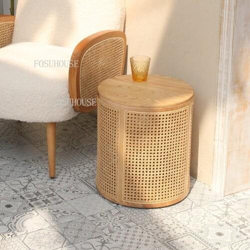 Rattan Side Table Nordic Round Solid Wood Japanese Living Room Sofa Small Coffee Table Balcony Leisure Storage Corner Table