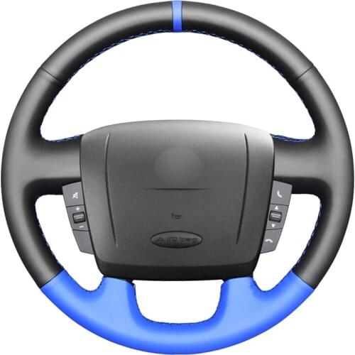 Hand Sew Black Genuine Leather Blue Leather Steering Wheel Cover for Peugeot Boxer 2006-2019 Citroen Jumper Relay Fiat Ducato