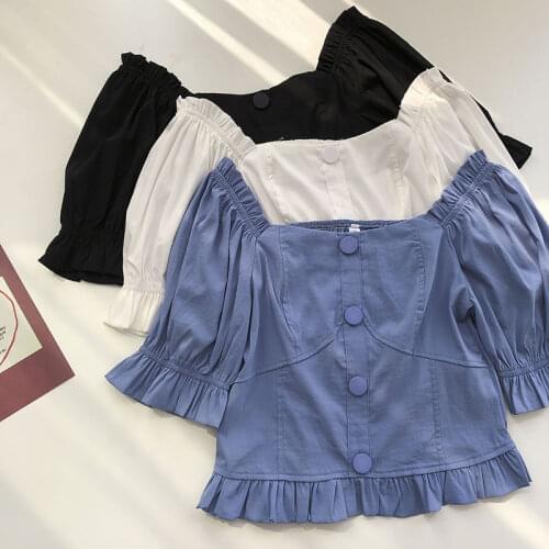 Puff Sleeve Ruffles Top Femme Casual Square Collar Vintage Short Blouse Women Summer Harajuk Black Pullover Blusas Mujer De Moda