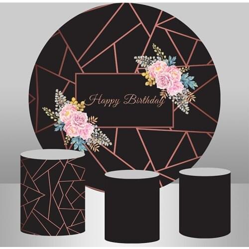 Wedding Round Backdrop Pink Flower Rose Gold and Black Banner Bridal Shower Background for Photo Studio Table Cover Poster