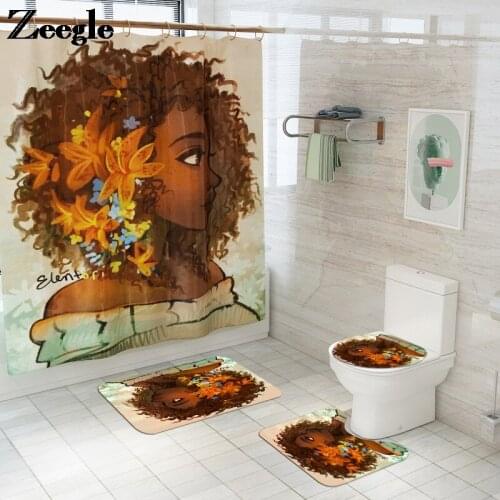 African Girl Bathroom Decoration Bath Mat and Shower Curtain Set Non-Slip Toilet Floor Rugs Toilet Lid Cover Bath Mat