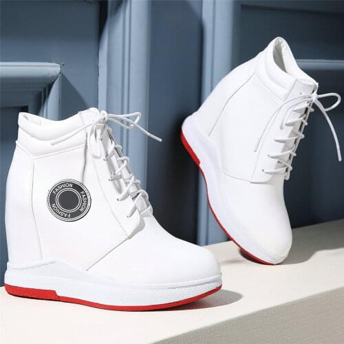 Plus Size High Top Creepers Women Lace Up Genuine Leather Wedges High Heel Pumps Female Round Toe Fashion Sneakers Casual Shoes