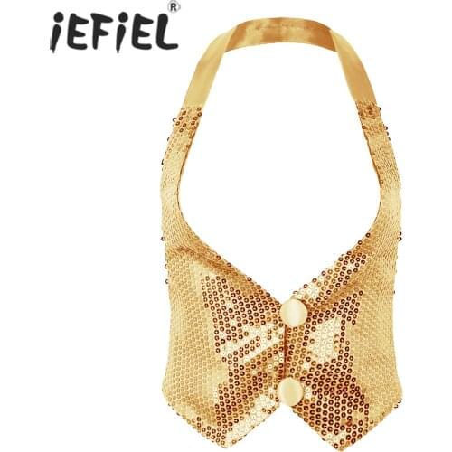 Women Female Shiny Holographic Sequins Backless Vest Waistcoat Jazz Dance Costumes Tank Top Cocktail Party Clubwear for Adult