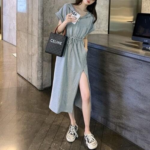Mid-Length Hooded Gray Vintage Split Dress For Women Summer 2021 New French Sexy Holiday Dress