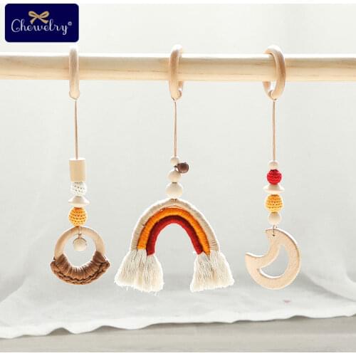3pc/set Baby Teether Bell Play Gym Toy Rainbow Wooden Moon Pandent Crochet Beads Natural Wooden Ring Nurse Gift DIY Crafts Toys