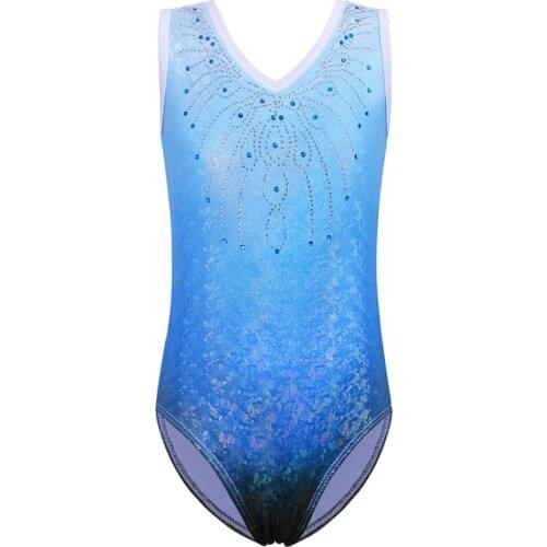 BAOHULU Sparkle Rhinestone Ballet Leotard Gradient Blue Color Gymnastics Costumes Teens Tank Activewear Dance Wear for 3-14 Year
