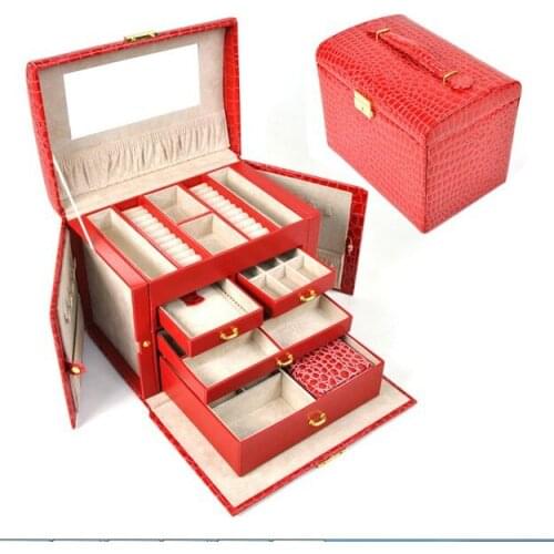 Free shipping Large 4 layer space luxury pu jewelry box,earrings necklace pendant jewelry display shelf packing red gift box