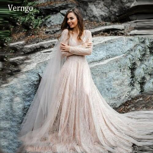 Verngo Glitter Champagne Wedding Dress Lace Waves Long Sleeves Bride Dress 2021 V Neck Engagement Nude Bridal Gowns Plus Size