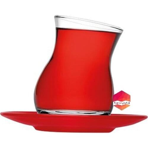 Paşabahçe Kozan Tea Set 8 Pieces, Red Plate, Elegant presentation set