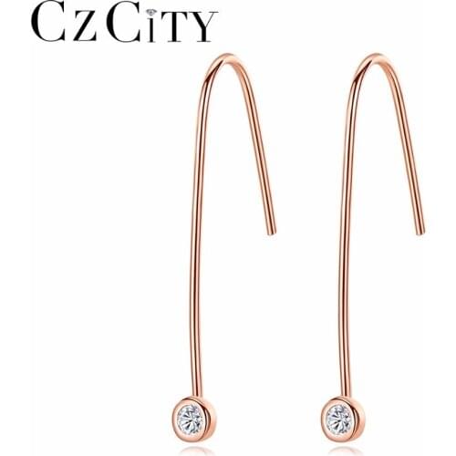 CZCITY Long Drop Earrings for Women Small Zircon Stone Inlaid Fashion Style Rose Gold 925 Sterling-silver Jewelry Accessories