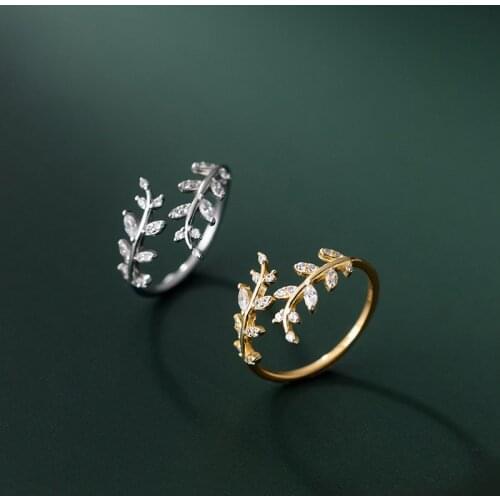 Real 925 Sterling Silver Rings for Women Teen Girls CZ Zircon Crystal Leaf Adjustable Finger Band Korean Fashion Jewelry 2021