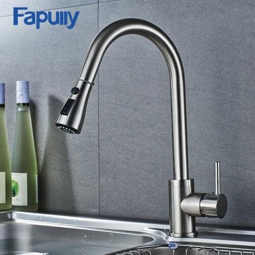 Fapully Brushed Single Handle kitchen Faucets Multi-directional Hot and Cold Spray Faucet Pull Out kitchen Tap Mixer 538-33N