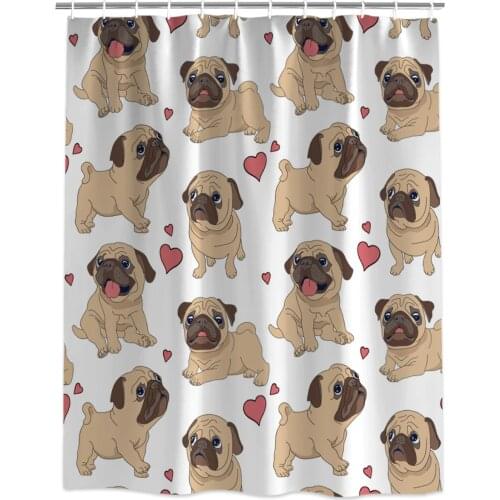Pug Cute Heart Design Extra Long Fabric Bath Shower Curtains 3D Ancient World Mildew-Resistant Bathroom Decor Sets with Hooks