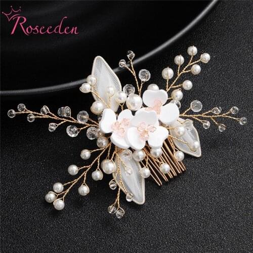 Fashion Wedding Hair Jewelry Hair Combs Pearl Crystal Combs Women Jewelry Gold Floral Head Ornament RE3511