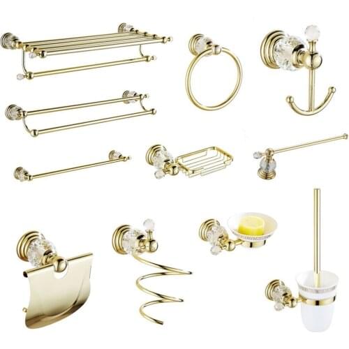 Gold Crystal Bathroom Hardware Gold Polished Solid Brass Bathroom Accessories Set Wall Mounted