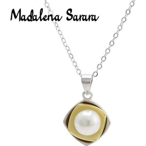 MADALENA SARARA S925 AAA Freshwater Pearl Pendant Sterling Silver Chain Necklace Double Layer Square Style