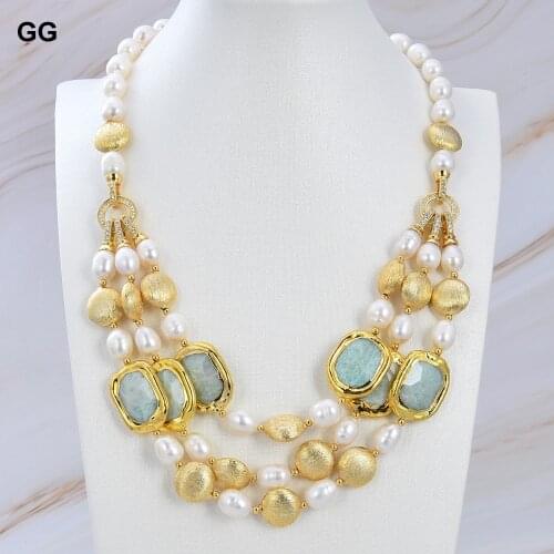 GG Jewelry 3 Strands Cultured White Rice freshwater Pearl Green Amazonite rectangle choker Necklace 20" office style handmade