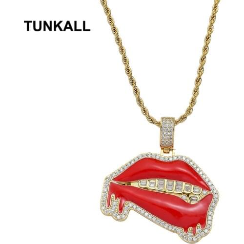 TUNKALL Bling Bling Iced Out Mouth Shape Brass Pendants Necklace Hip Hop Jewelry Party Gift CN292