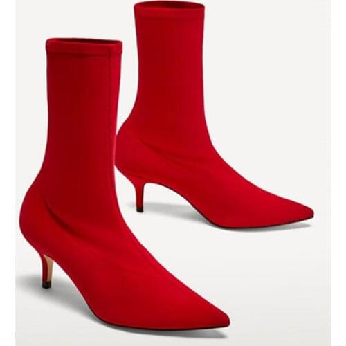 Red Sexy Stiletto Sock Short Booties Stretch Fabric Pointed Toe 7CM High Heels Ankle Boots Women Pumps Botas Mujer