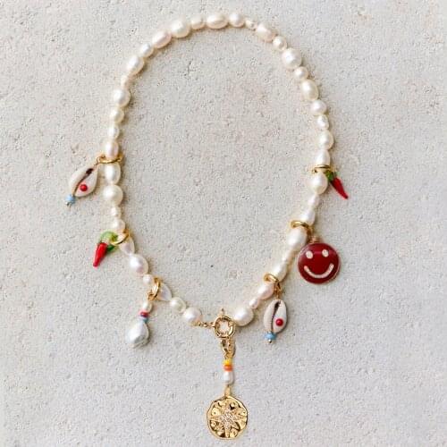 Puka shell charms red chili charms smile pendant natural freshwater pearl necklaces for women 2020 bohemian DIY jewelry