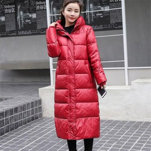 Down Jacket Female Long Slim Bright Hooded Section 2019 Winter Fashion New Long-Sleeved Thick Warm Down Jacket Women Outerwear