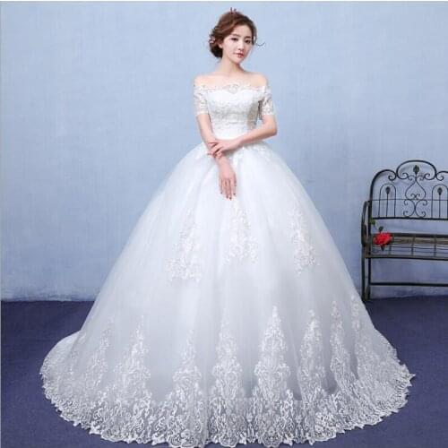 Luxury Lace Embroidery 2021 Wedding Dresses 100cm Long Train Boat Neck Elegant Plus Size Vestido De Noiva Bride