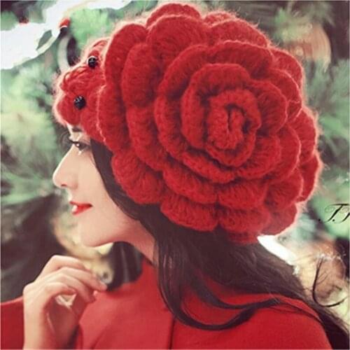 Big Flowers Beads Caps Sweet Women Winter Hat Beanies Lady Headgear Beanies Womens Winter Hats Female Wool Knitted Hat